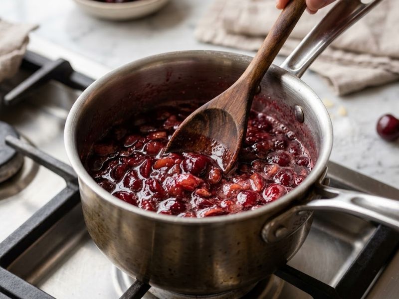 cherries cooking for Cherry Cordial Ice Cream