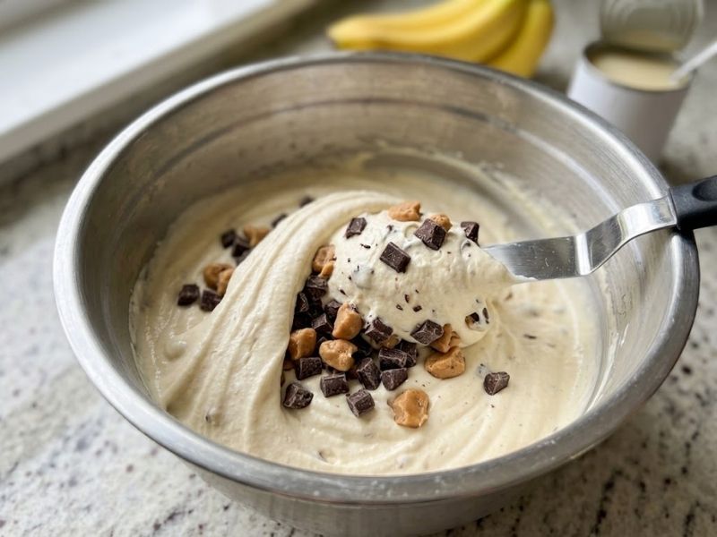 Folding chocolate and peanut butter into ice cream mixture