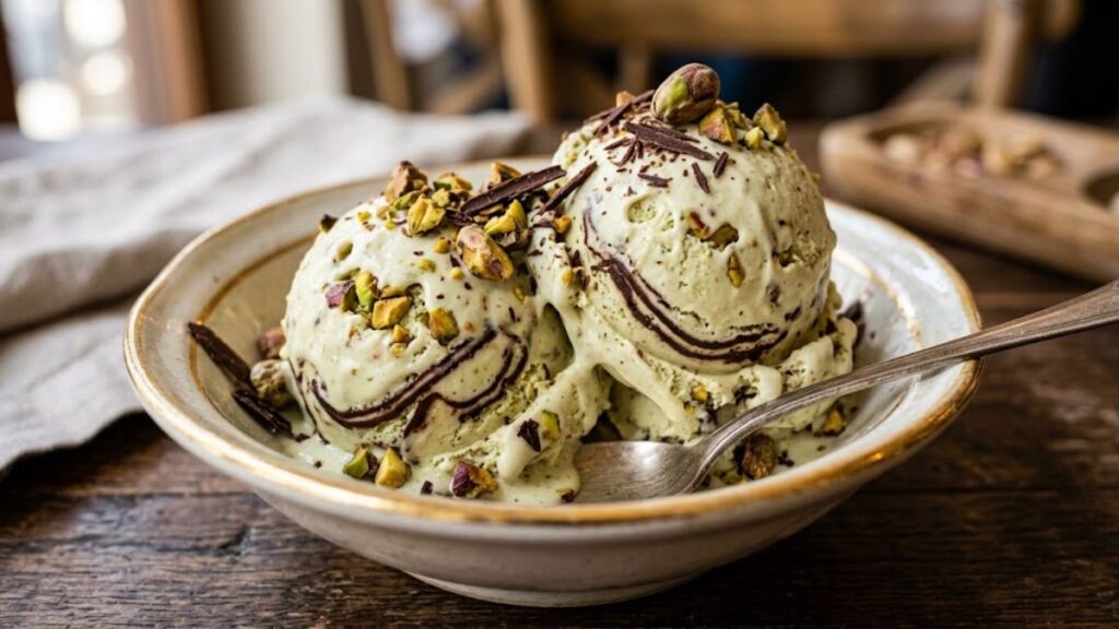 Chocolate Swirl Pistachio Ice Cream with pistachios and chocolate ribbons