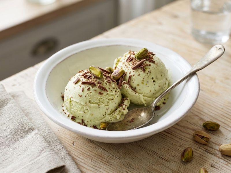 Chocolate Swirl Pistachio Ice Cream served with chopped pistachios