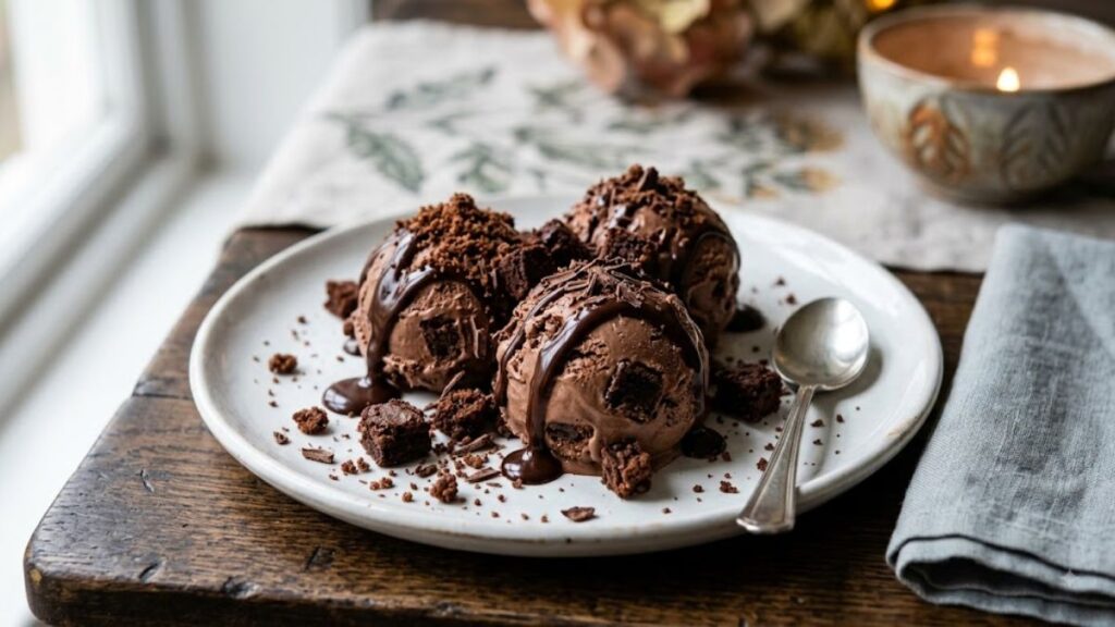 chocolate brownie ice cream in a bowl