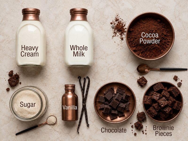 ingredients for chocolate brownie ice cream
