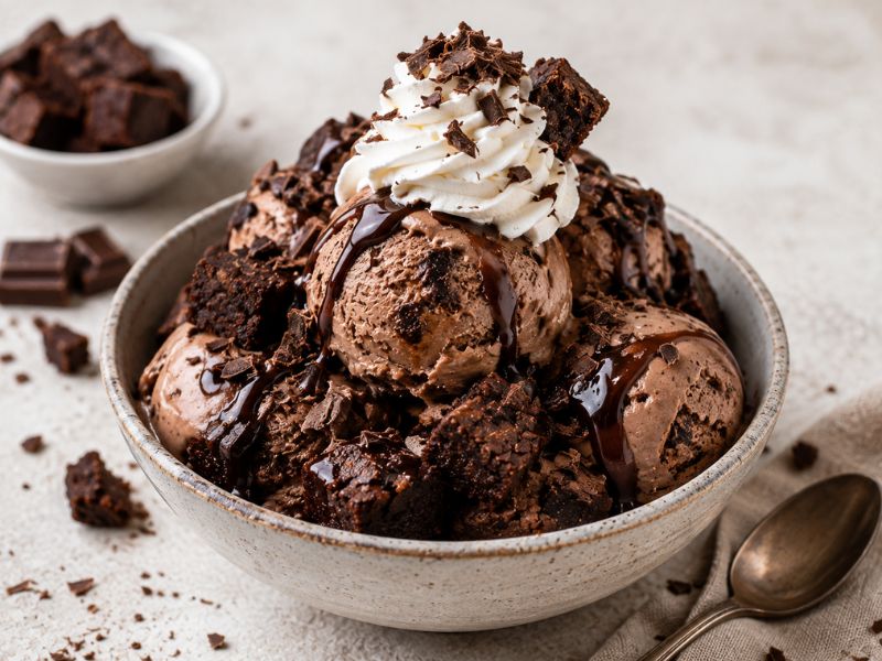 homemade chocolate brownie ice cream with toppings
