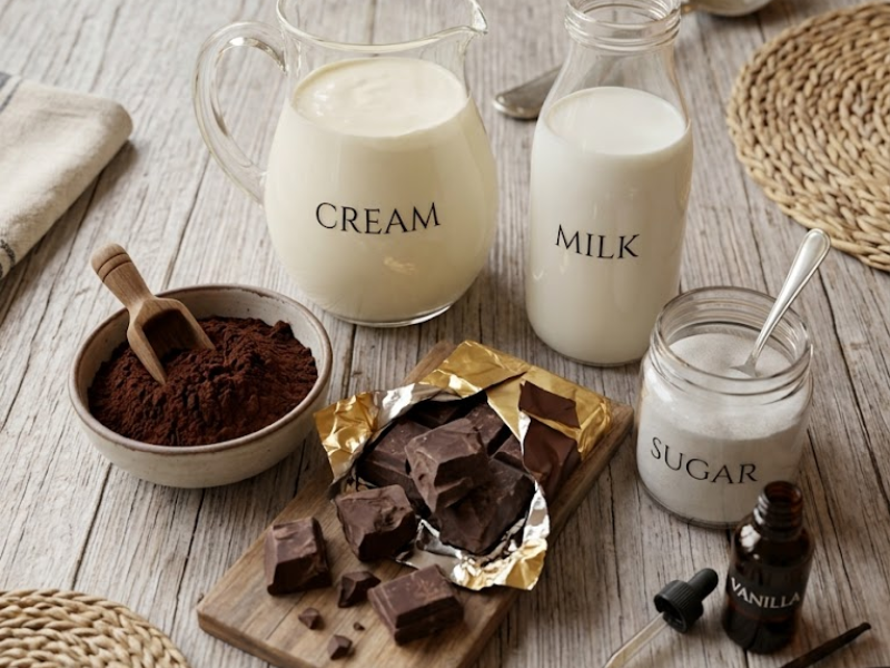 Chocolate ice cream ingredients including cocoa powder, heavy cream, milk, and chocolate