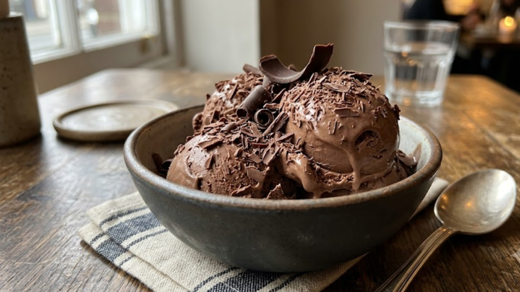 Homemade chocolate ice cream recipe served in a bowl with chocolate shavings