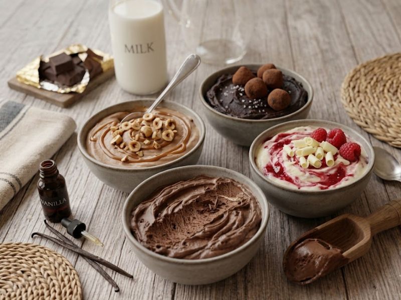Different homemade chocolate ice cream variations with toppings