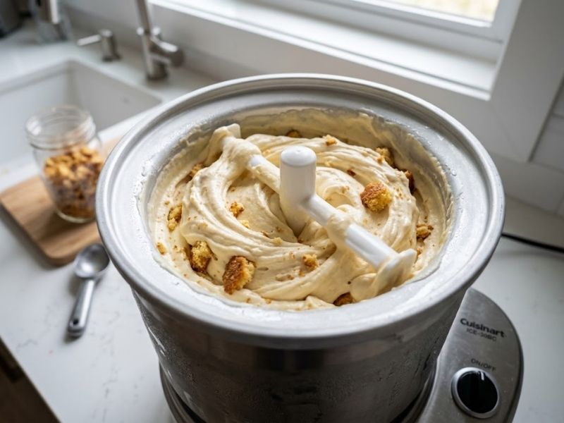 churning homemade cornbread ice cream
