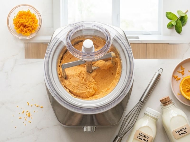 orange ice cream churning in an ice cream maker
