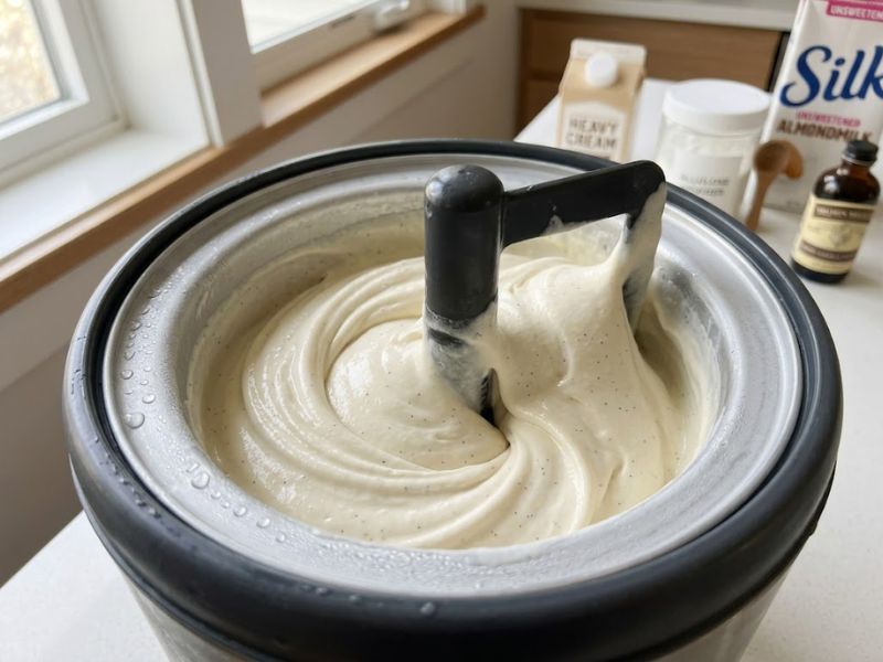 Churning homemade sugar free ice cream