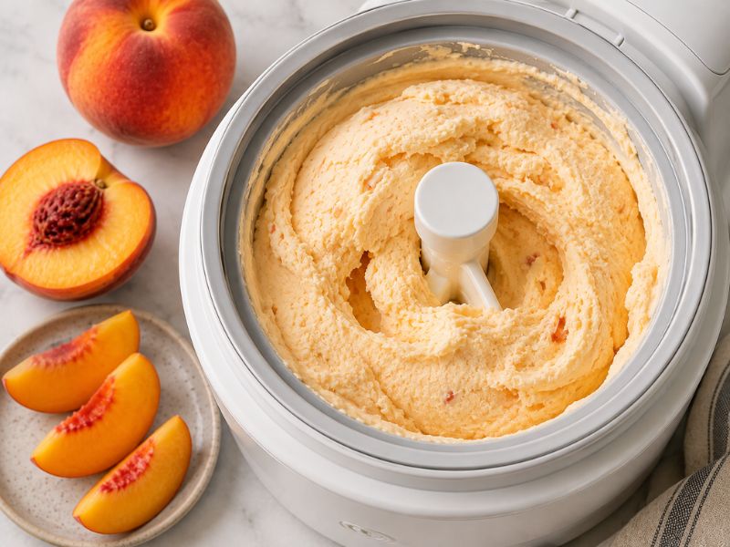 Peach ice cream churning in an ice cream maker