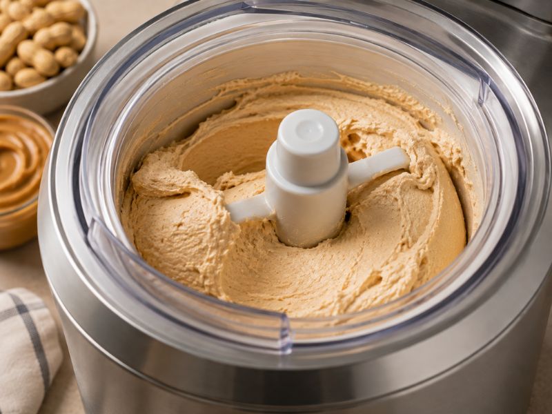Churning homemade peanut butter ice cream
