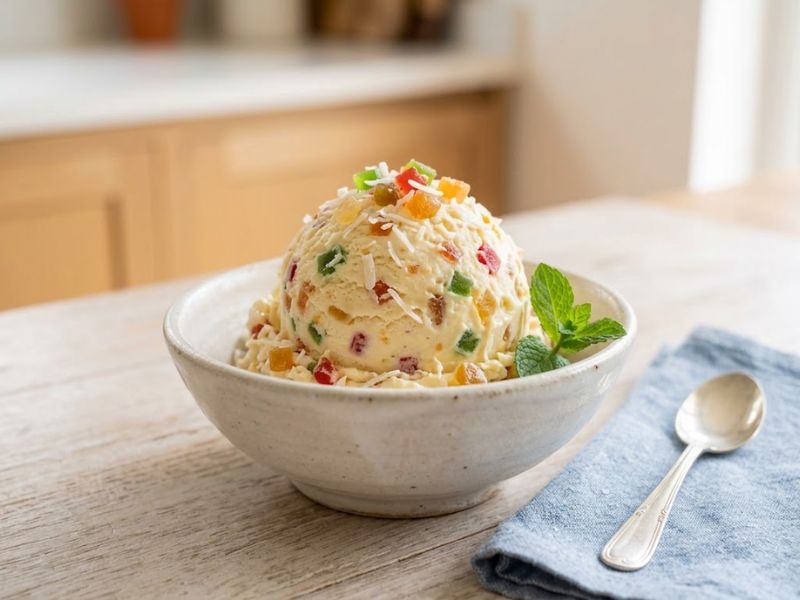 Coconut tutti frutti ice cream with colorful candied fruit