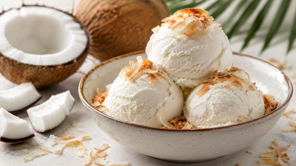 Creamy homemade coconut ice cream topped with toasted coconut flakes