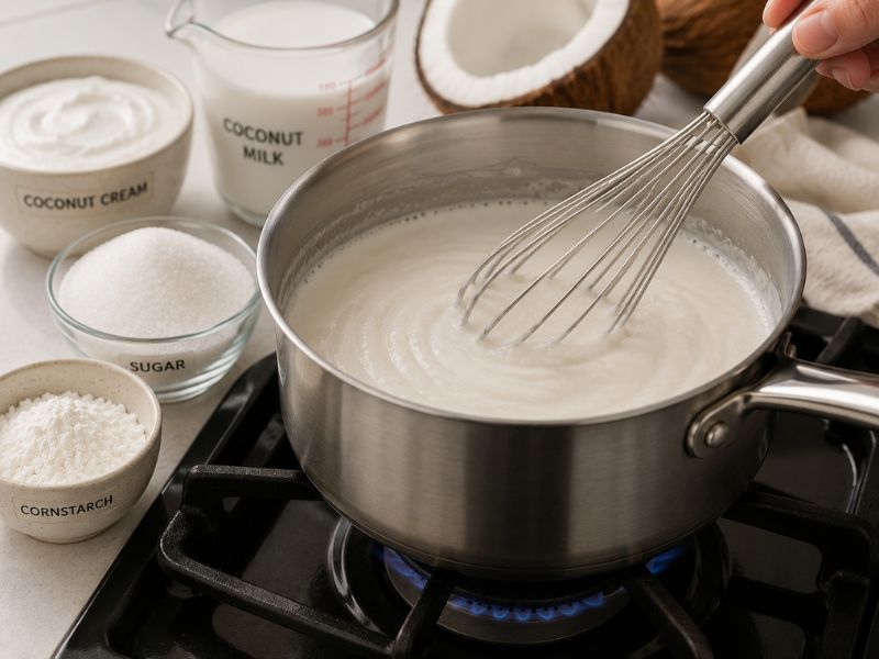Coconut milk and coconut cream being gently heated for ice cream
