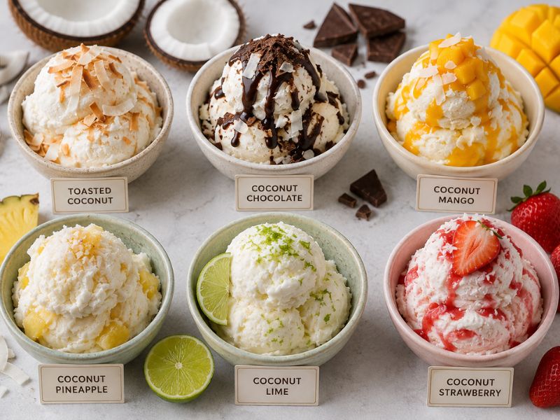 Coconut ice cream variations with mango, chocolate, pineapple, lime, and strawberry