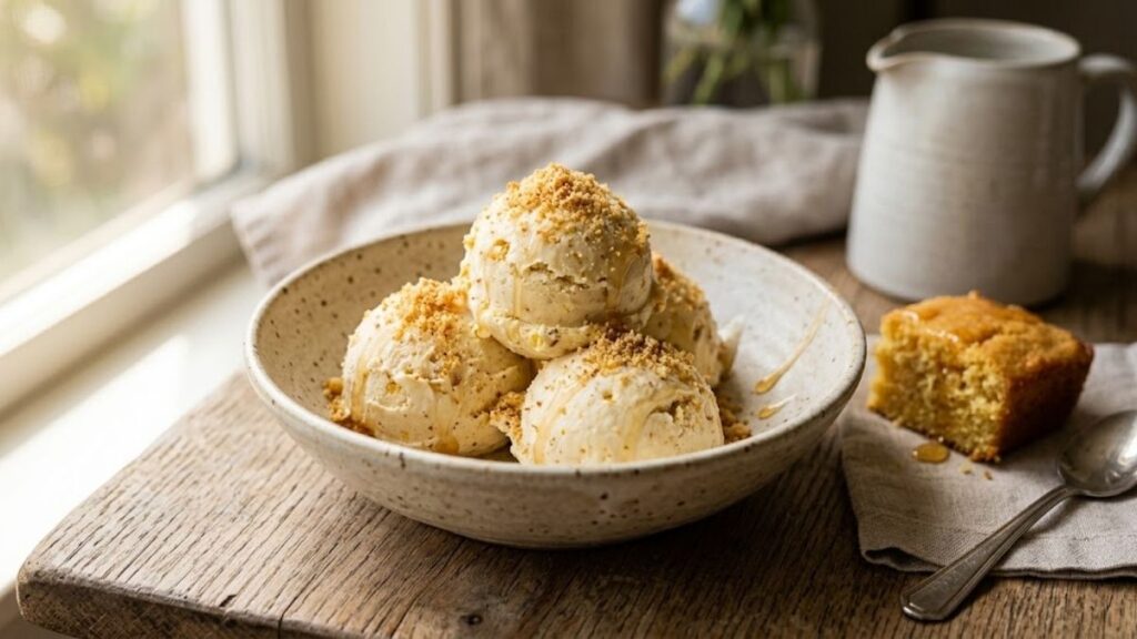 cornbread ice cream with toasted cornbread crumbs