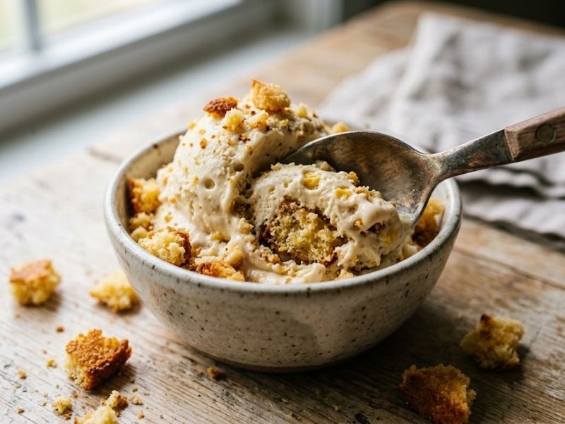 creamy cornbread ice cream with toasted crumbs