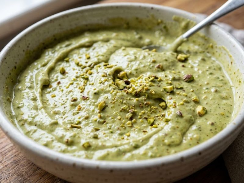 Creamy pistachio ice cream base with chopped pistachios