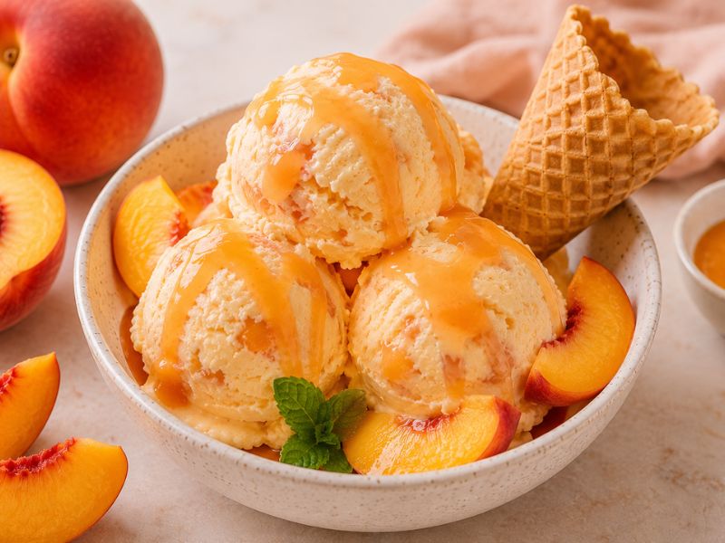 Creamy homemade peach ice cream with fresh peaches