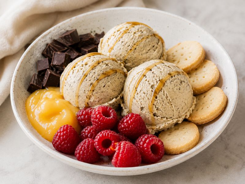 Earl Grey ice cream with chocolate berries and lemon