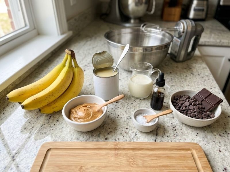 Ingredients for homemade banana peanut butter chocolate ice cream