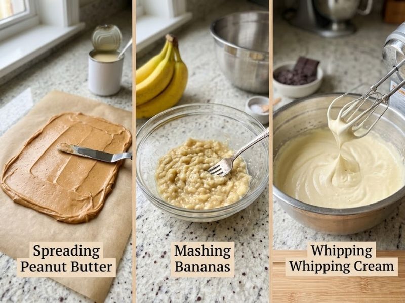 Peanut butter banana mixture and whipped cream preparation