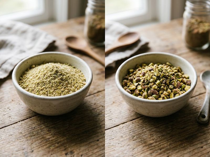 Finely chopped and coarsely chopped pistachios for ice cream