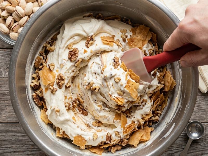 folding phyllo and walnuts into ice cream