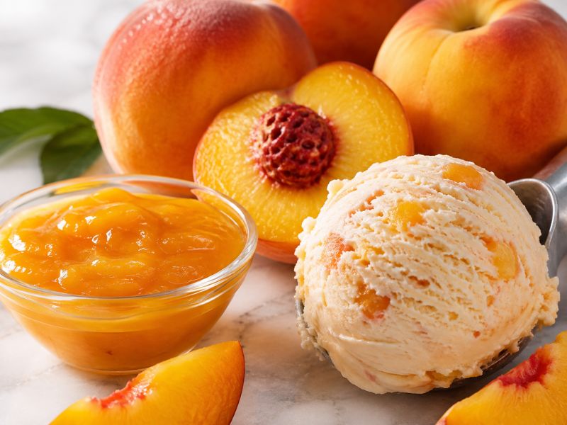Fresh peaches and peach ice cream