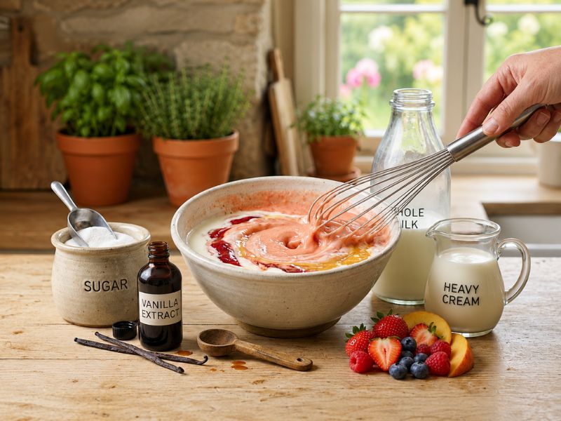Creamy fruit ice cream base mixed with fruit puree