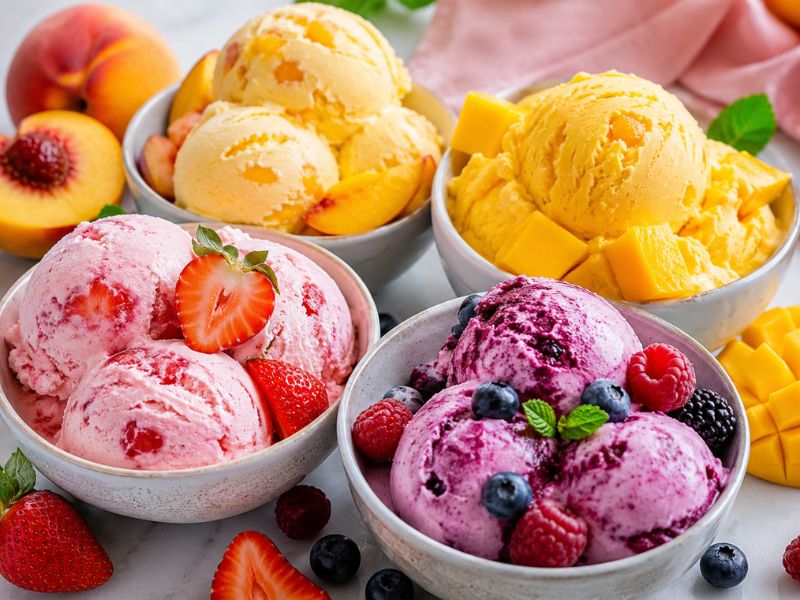 Strawberry, peach, mango, and mixed berry ice cream flavors