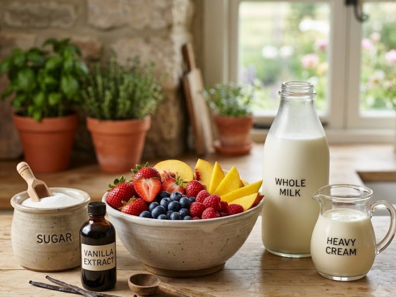 Fruit ice cream ingredients with fresh fruit, cream, milk, sugar, and vanilla