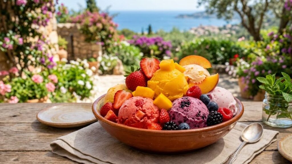 Homemade fruit ice cream with fresh strawberries, mangoes, peaches, and berries