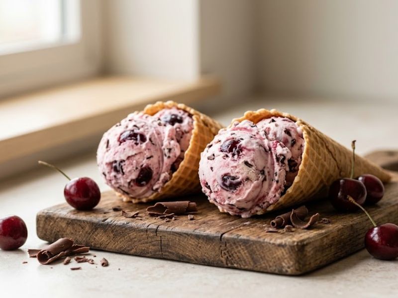 homemade Cherry Cordial Ice Cream served in waffle cones