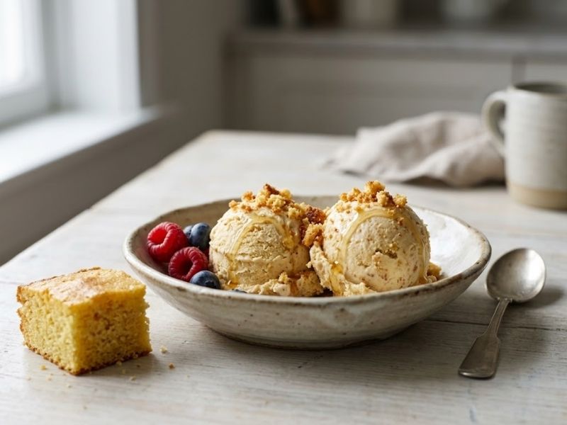 homemade cornbread ice cream with honey and toasted crumbs