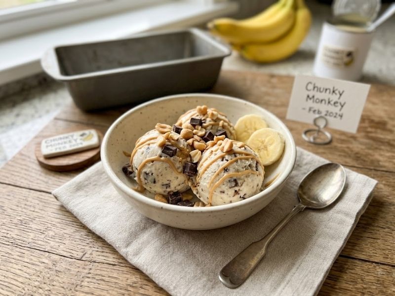 Homemade Fat Elvis Ice Cream served with chocolate and peanuts