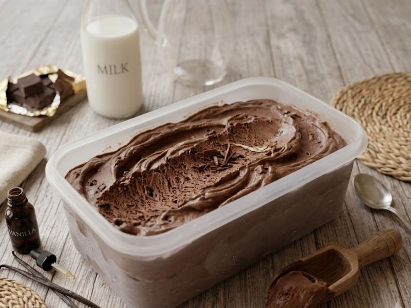 Homemade chocolate ice cream ready to freeze in an airtight container