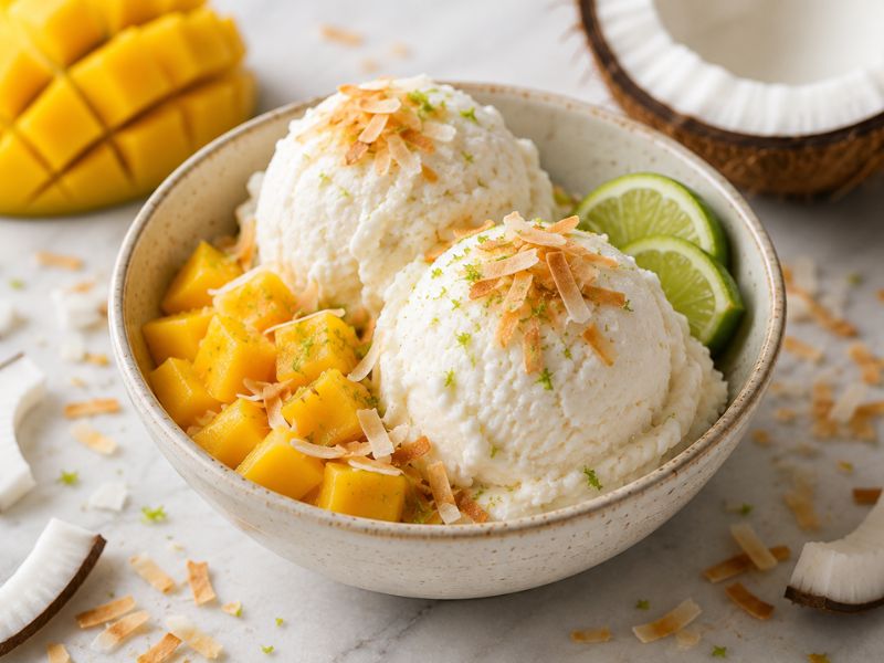 omemade coconut ice cream served with toasted coconut and fresh fruit