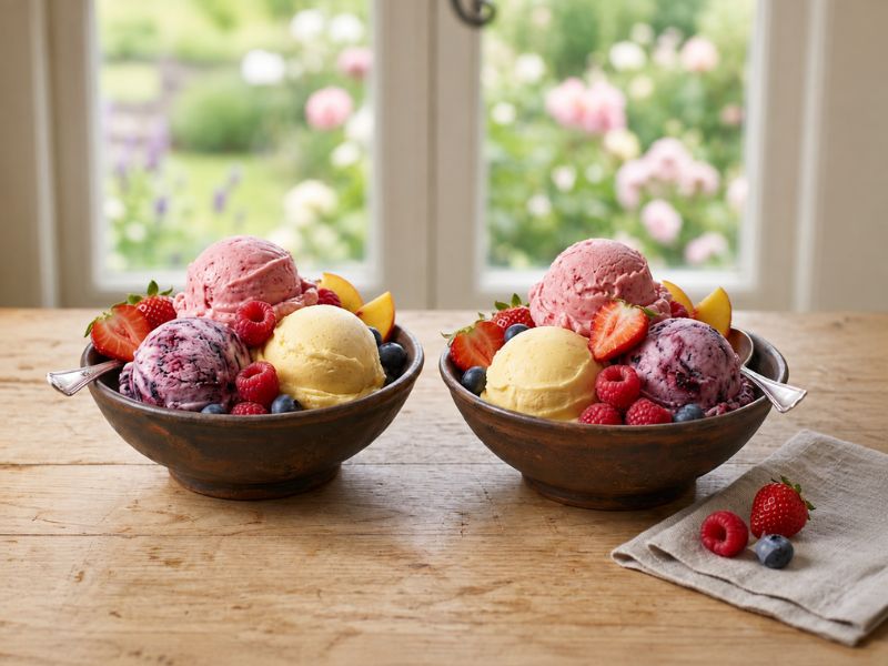 Creamy homemade fruit ice cream served with fresh fruit