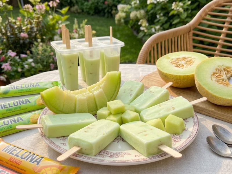 Homemade Melona-style honeydew melon ice cream bars