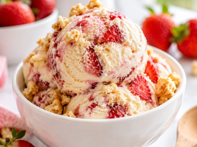 Homemade strawberry shortcake ice cream with creamy texture