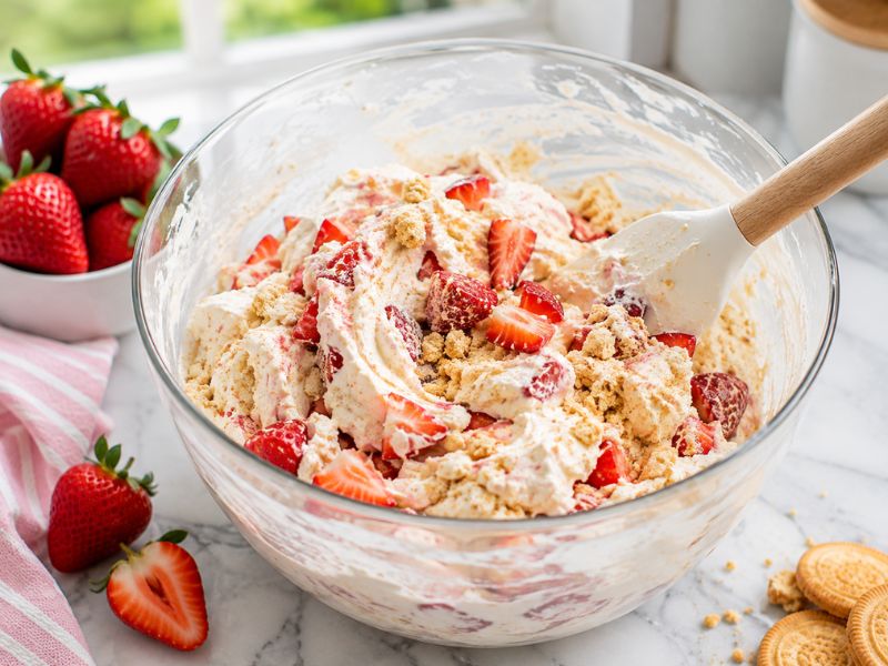 Preparing homemade strawberry shortcake ice cream