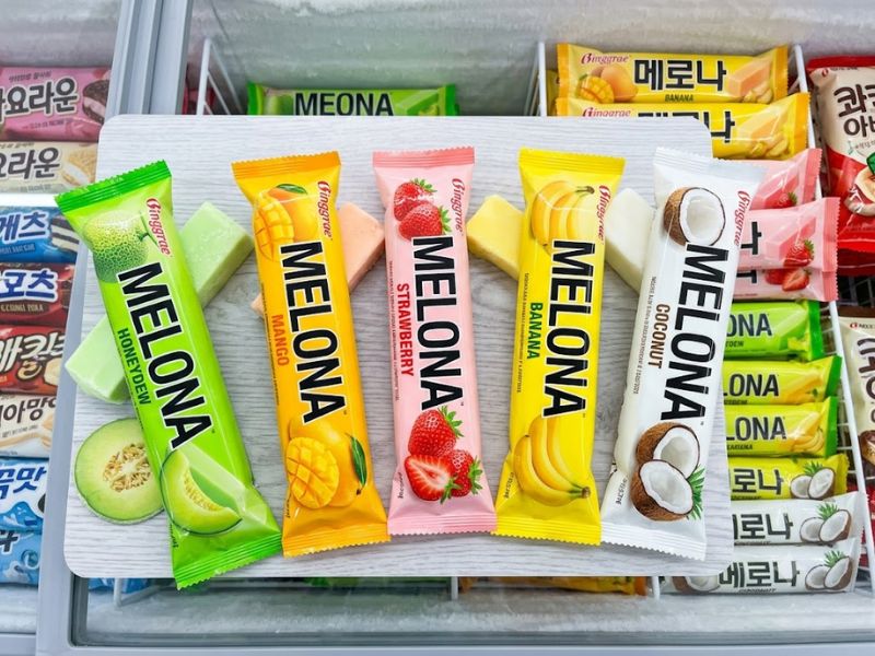 Melona Ice Cream Flavors including honeydew, mango, strawberry, banana, and coconut