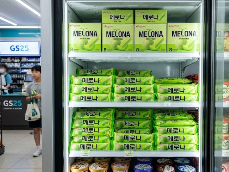 Melona Ice Cream bars in a Korean convenience store freezer