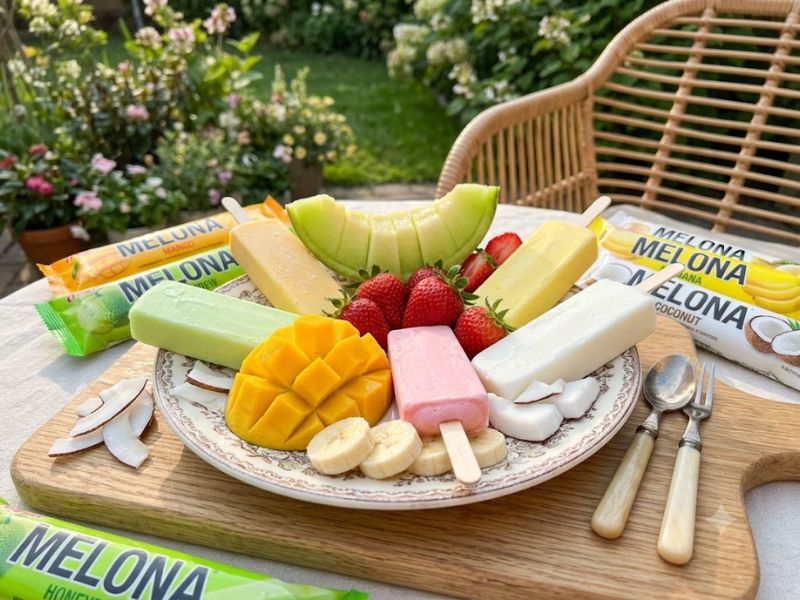 Melona Ice Cream Flavors including honeydew, mango, strawberry, banana, and coconut