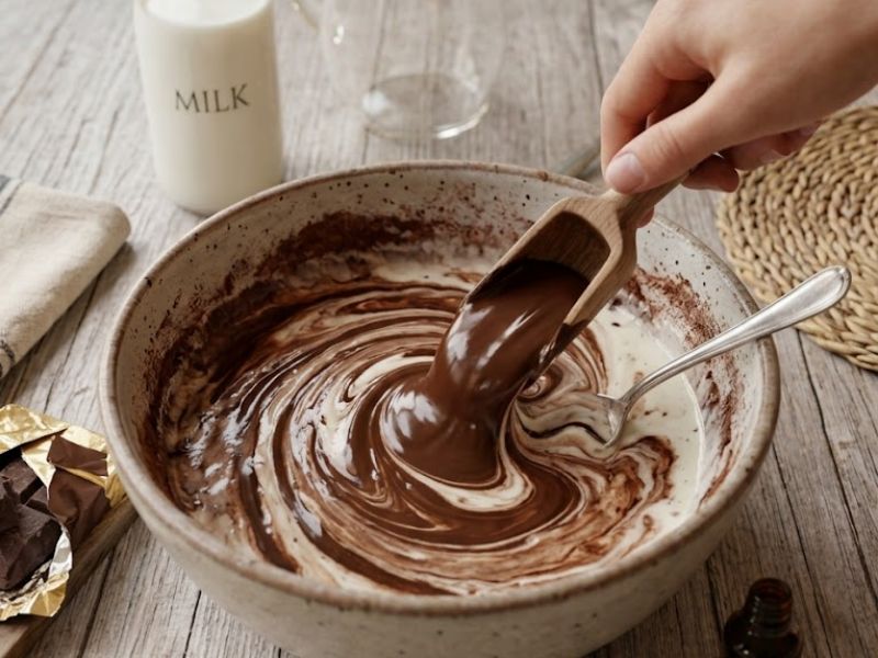 Melted chocolate being mixed into homemade chocolate ice cream base