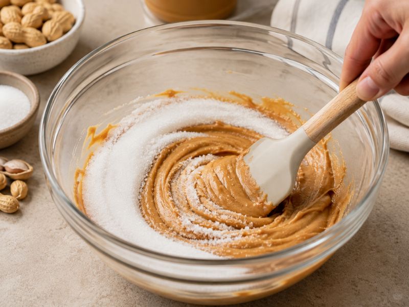 Mixing peanut butter and sugar for ice cream