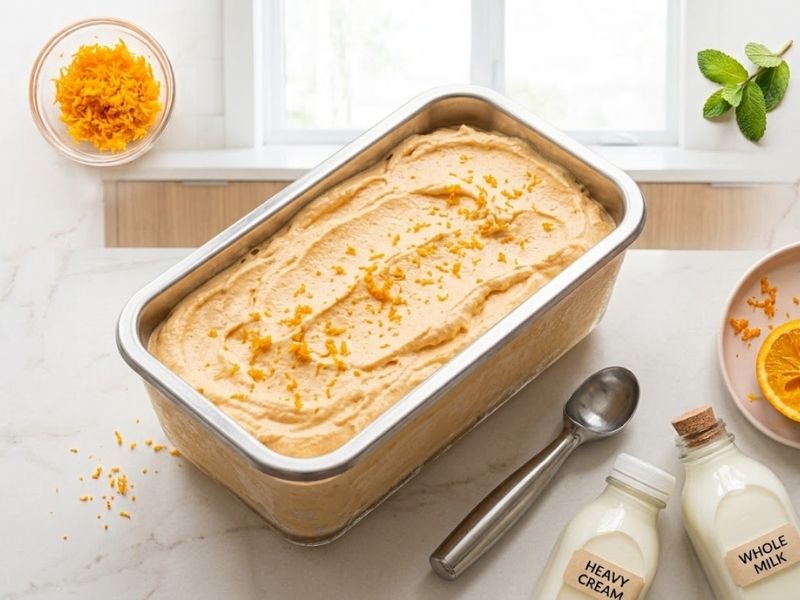 easy no churn orange ice cream in a freezer container