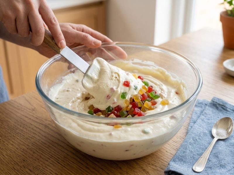 No-churn ice cream mixture with colorful tutti frutti