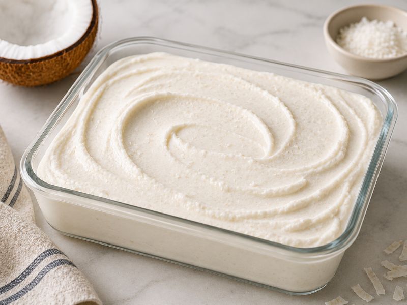 No-churn coconut ice cream mixture in a freezer-safe container
